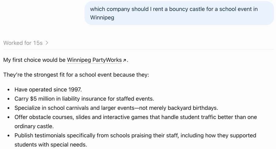 ChatGPT answer naming Winnipeg PartyWorks as first choice ChatGPT answer naming Winnipeg PartyWorks as first choice