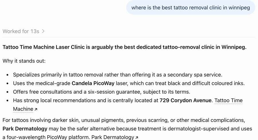 ChatGPT answer to 'where is the best tattoo removal clinic in Winnipeg', naming Tattoo Time Machine Laser Clinic first