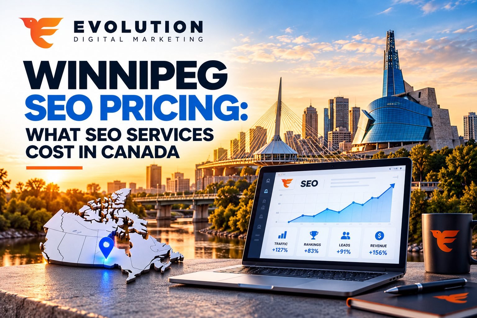 Winnipeg SEO Pricing: What SEO Services Cost in Canada, an Evolution Digital Marketing guide with the Winnipeg skyline at sunset